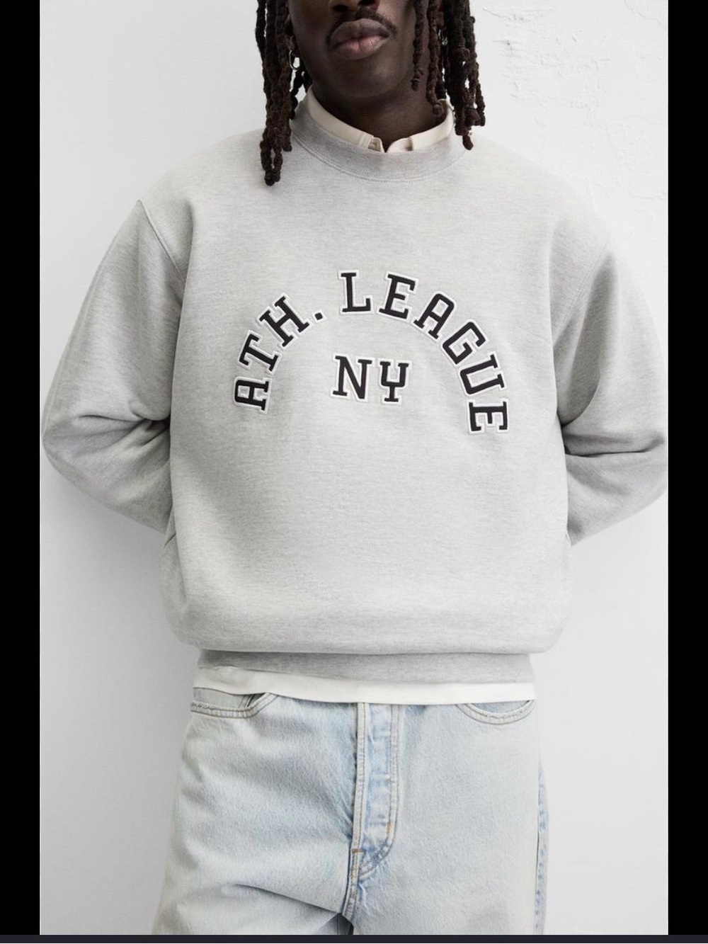 Zara Light Gray Crewneck Sweatshirt with Black Collegiate Lettering